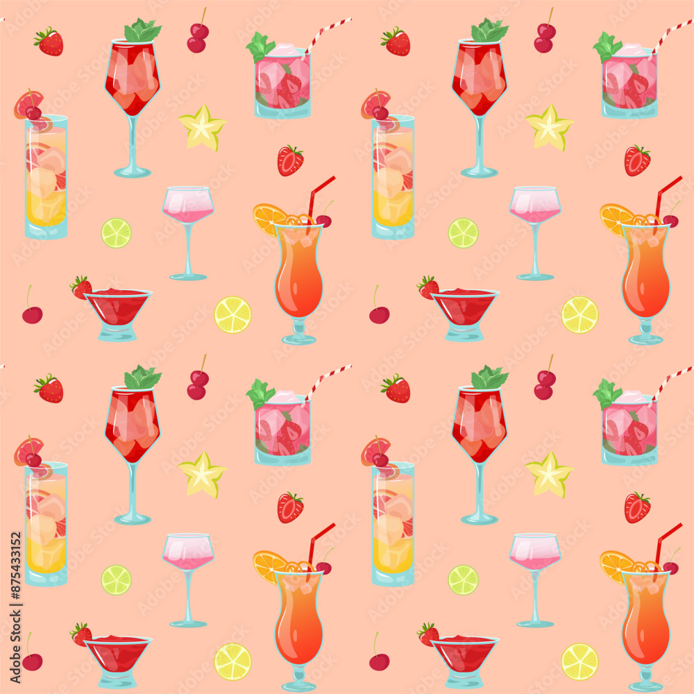 Vector seamless cocktails and slices of fruit pattern on beige background. Summer bright design with campari, daiquiri, mojito can be used for wallpaper, website background, wrapping paper, fabric Vector seamless cocktails and slices of fruit pattern on beige background. Summer bright design with campari, daiquiri, mojito can be used for wallpaper, website background, wrapping paper, fabric
