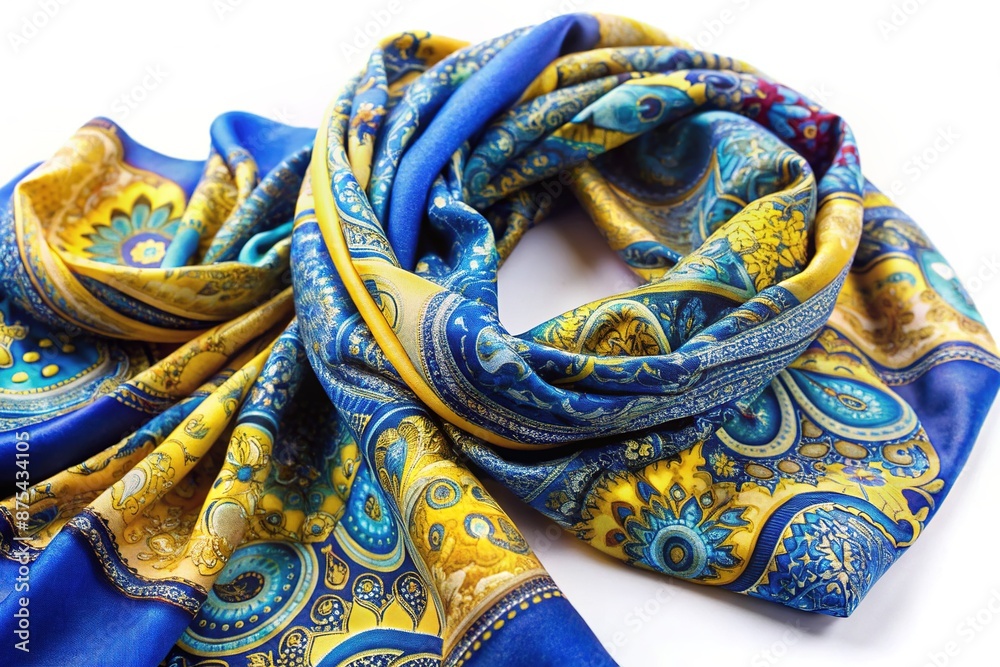 Obraz premium Vibrant blue and yellow scarf featuring intricate patterns of swirling shapes and delicate lines, beautifully textured and folded to showcase its ornate design.