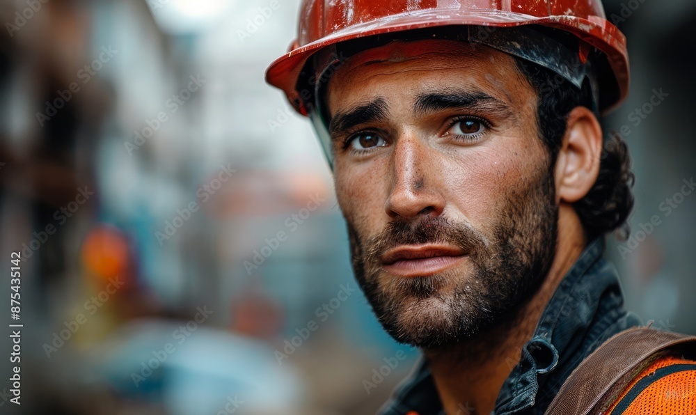 Man with a construction helmet, looking determined Man with a construction helmet, looking determined