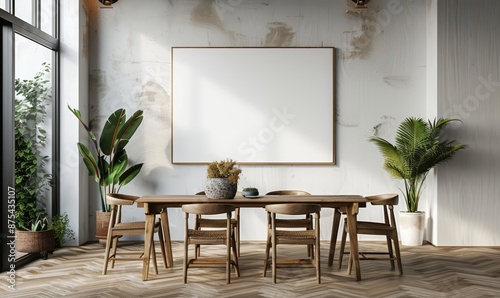 Minimalist dining room with a mockup canvas on the wall