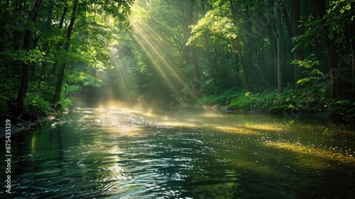 A tranquil river flowing through a dense forest, with sunlight filtering through the canopy and reflecting off the water.