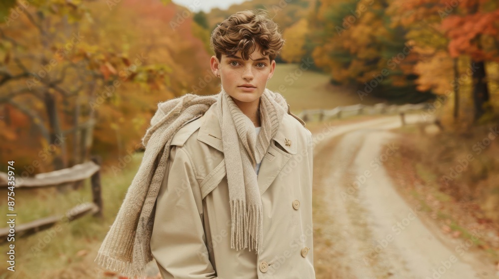 Model in a trench coat and scarf, standing on a rural dirt road with colorful trees, Autumn fashion, rustic simplicity Model in a trench coat and scarf, standing on a rural dirt road with colorful trees, Autumn fashion, rustic simplicity