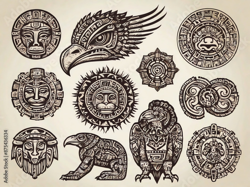 mayan aztec totems and animals with ethnic patterns
