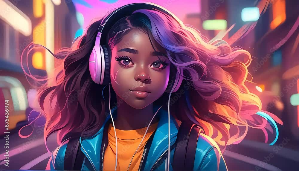 A black girl in headphones against the backdrop of a city, in the style of the 90s, looks into the frame. Bright animation. A black girl in headphones against the backdrop of a city, in the style of the 90s, looks into the frame. Bright animation.