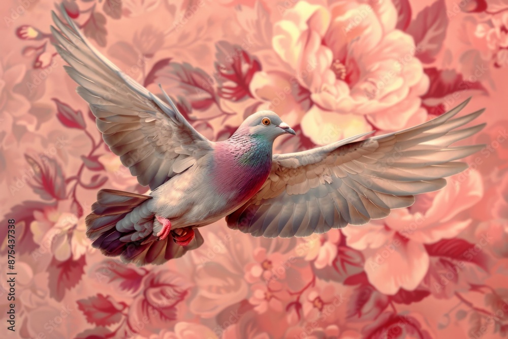 Dove in Flight with Pink Floral Background Dove in Flight with Pink Floral Background