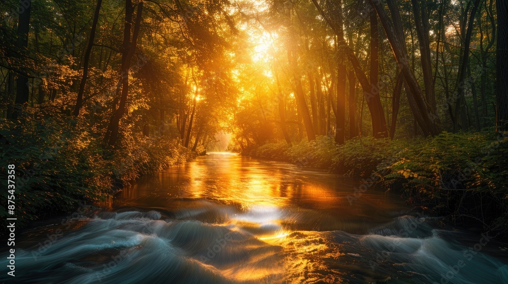 Fototapeta premium A tranquil river flowing through a dense forest at sunset, with golden light filtering through the trees.