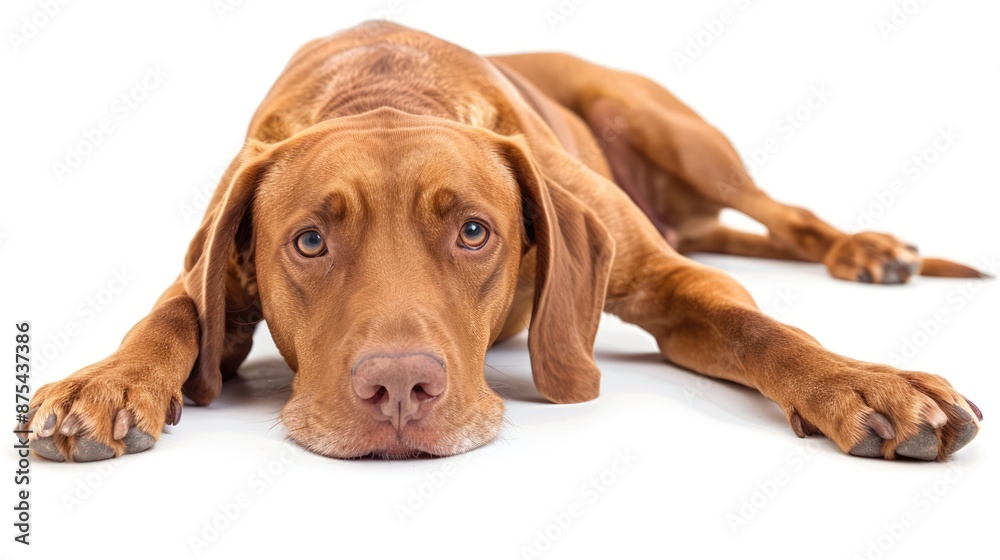 Hungarian hound pointer vizsla laying on a white background Hungarian hound pointer vizsla laying on a white background