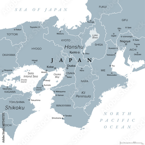 Kansai region, or the Kinki region in Japan, gray political map. Southern-central region of the main island Honshu, consisting of the prefectures Hyogo, Mie, Nara, Osaka, Kyoto, Shiga, and Wakayama.