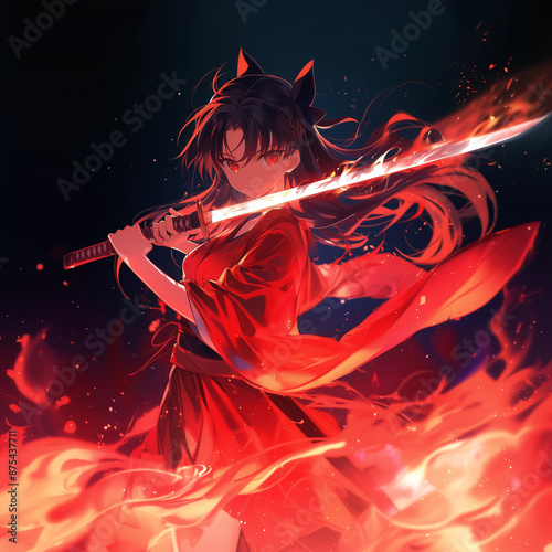 Anime illustration of a young woman wearing a red kimono holding a flaming sword, anime illustration of a woman holding a sword