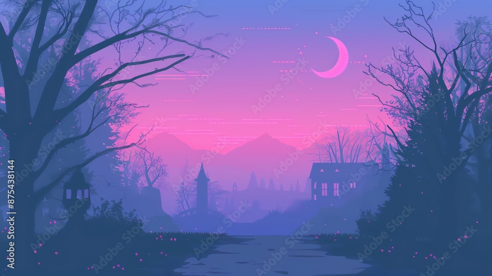 Mystical twilight landscape with silhouette of castle ruins and crescent moon in a serene purple-pink sky. Mystical twilight landscape with silhouette of castle ruins and crescent moon in a serene purple-pink sky.