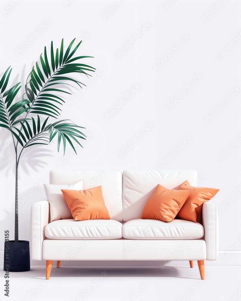 Fototapeta premium Modern minimalist living room interior with white sofa and orange cushions, complemented by stylish potted plant against a white wall.