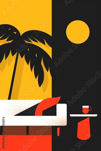 Modern abstract illustration featuring a palm tree, sun, and coffee cup. Bold geometric shapes in contrasting colors create vibrant visual impact.