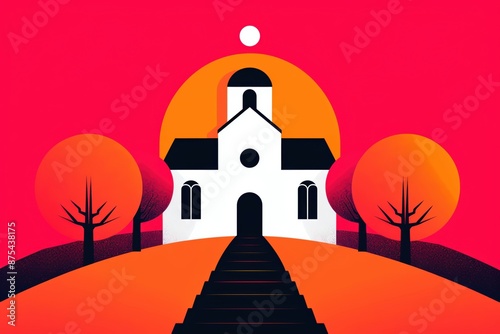 Modern illustration of a church on a hill with vibrant colors, featuring abstract trees and a bold sunset. Artistic and contemporary design.