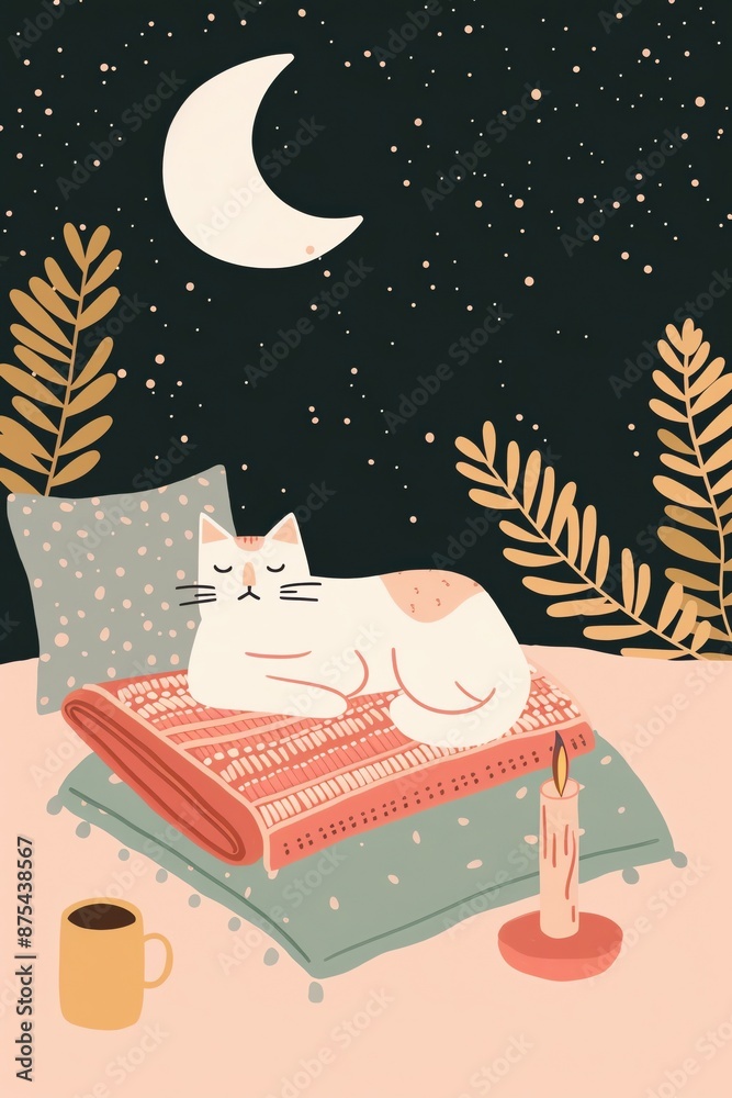 Naklejka premium Illustration of a relaxed cat lying on a mat under the night sky with stars, a crescent moon, candle, cup, and plants.