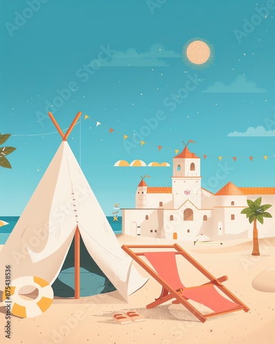 Illustration of a serene beach scene featuring a tent, deck chairs, and buildings under a sunny sky, perfect for vacation themes.