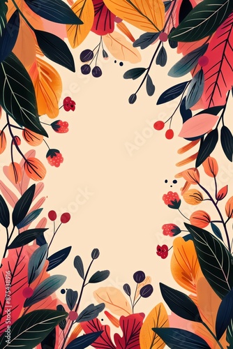 Elegant floral border with vibrant autumn leaves and berries on a warm background. Perfect for invitations, stationery, and seasonal designs.