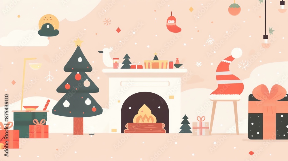 Cozy festive holiday scene with Christmas tree, presents, and fireplace, perfect for holiday-themed projects or seasonal promotions. Cozy festive holiday scene with Christmas tree, presents, and fireplace, perfect for holiday-themed projects or seasonal promotions.