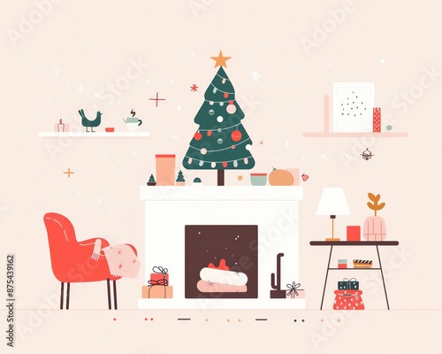 Cozy Christmas living room with a decorated tree, gifts, and a fireplace, evoking warmth and holiday spirit.