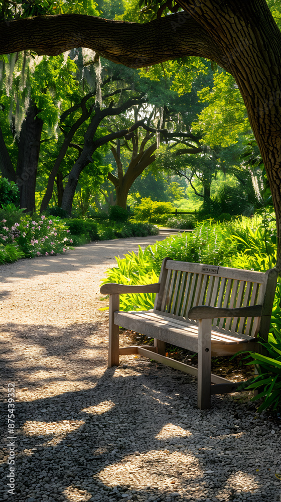 Rustic Park Bench Under Oak Tree with Blooming Flowers and Serene Pathway View Rustic Park Bench Under Oak Tree with Blooming Flowers and Serene Pathway View