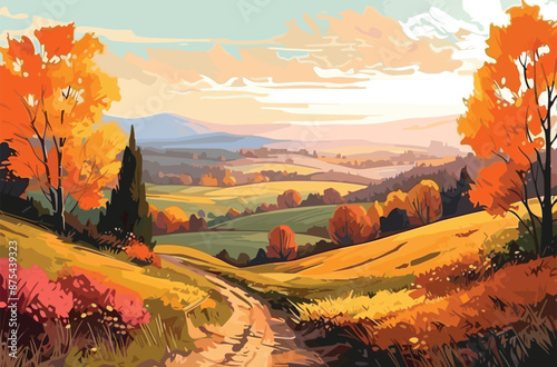 Autumn landscape with trees mountains fields leaves vector. Autumn Pathway Through the Forest