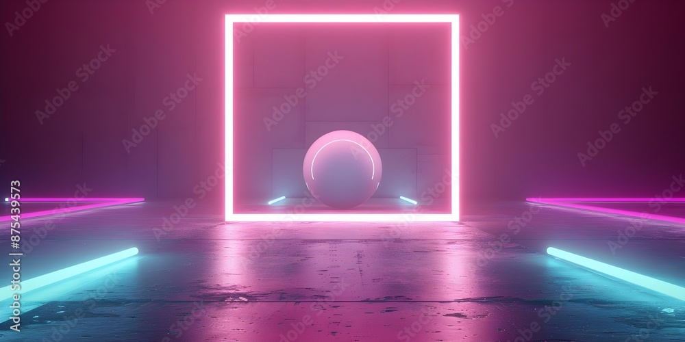 Neon Game Screen Featuring Glowing Squares and a White Ball. Concept Neon Lights, Game Design, Glowing Squares, White Ball, Visual Effects Neon Game Screen Featuring Glowing Squares and a White Ball. Concept Neon Lights, Game Design, Glowing Squares, White Ball, Visual Effects