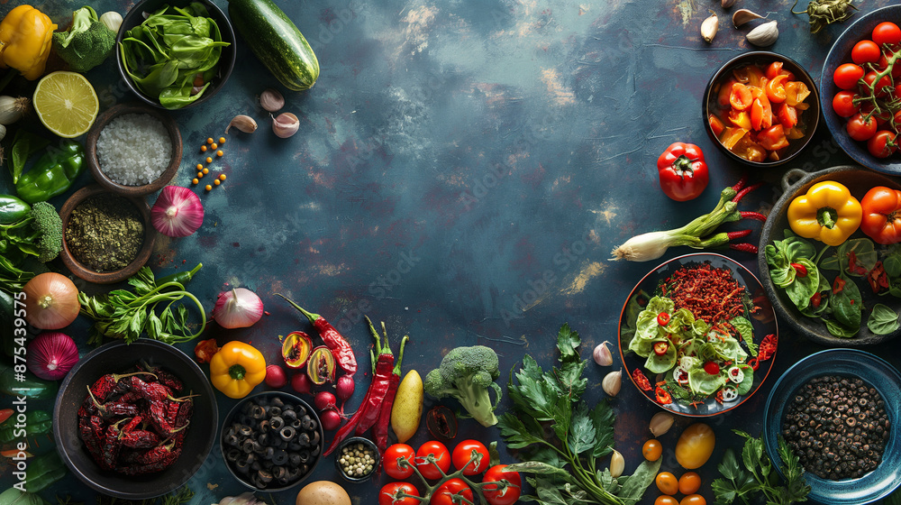 Fototapeta premium Array of fresh ingredients laid out in the galley, vibrant and colorful arrangement, left third copy space