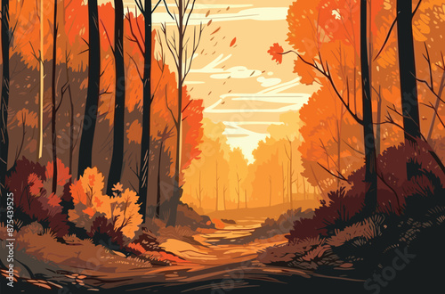 Autumn landscape with trees mountains fields leaves vector. Autumn forest panoramic illustration vector background