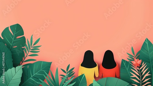 Two women in yellow and red dresses surrounded by lush green foliage against a peach background. Minimalistic and vibrant nature illustration.