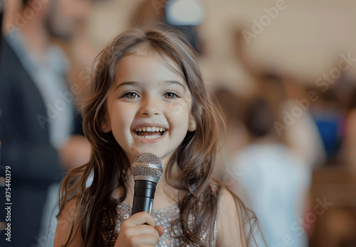 a cute smiling little girl with dark brown hair mic in her hand .Created using generative AI