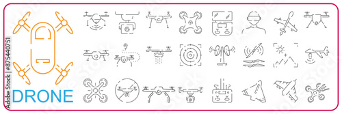 Drone line icon set. Included the icons as drone, remote, controller, radar, map, signal and more