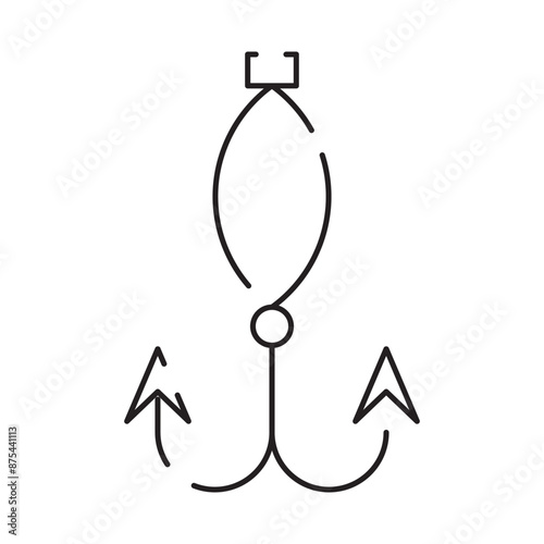 Minimal fishing icon of outdoor recreation including line, lure, lake, boat, dock, hook, pole, reel, worm, tackle box and clothing such as waders and a vest