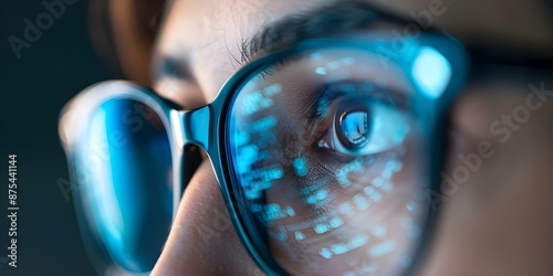 Reflection of eyes wearing glasses on computer monitor symbolizing cybersecurity concept. Concept Cybersecurity, Eye Reflection, Glasses, Computer Monitor, Data Protection photo