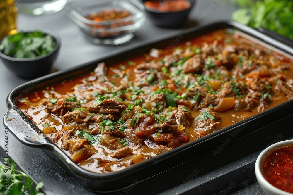 green  chili pulled pork curry soup served in the black tray on a black marble background with ingredients