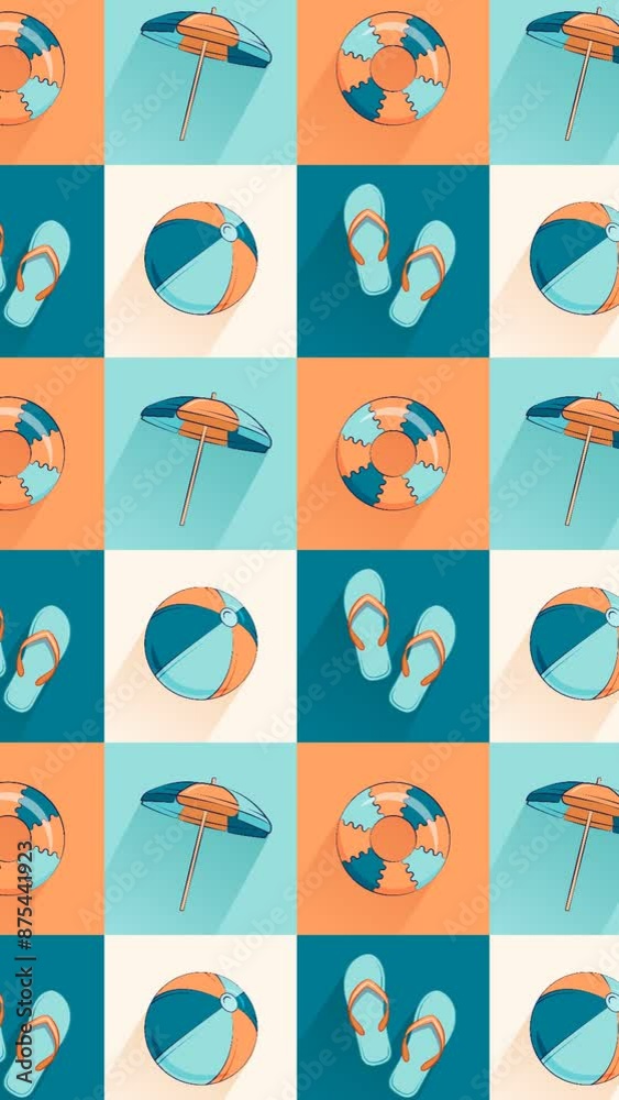 HD animated pattern of with beach accessories moving from left to right. Summer colorful pattern in a hand-drawn style creating a repeatable background. Vertical video. HD animated pattern of with beach accessories moving from left to right. Summer colorful pattern in a hand-drawn style creating a repeatable background. Vertical video.