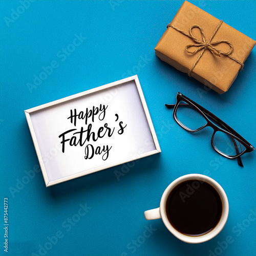 Happy Fathers Day banner mockup. Flat lay vintage gift box with label Happy Father's Day, glasses, coffee cup on blue background with copy space.