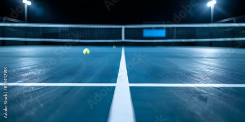 Illuminated pickleball game under the night sky with a blue banner for players. Concept Nighttime Sports, Illuminated Pickleball, Outdoor Recreation, Blue Banner, Competitive Gameplay