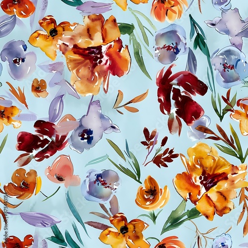 Lovely Watercolor Floral Pattern with Purple and Pink Flowers