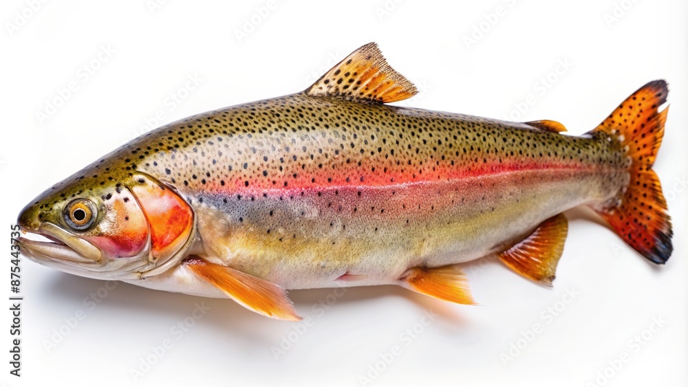 Freshly caught trout with vibrant orange and pink colors, lying on a crisp white background, highlighting its sleek scales and delicate fins. Freshly caught trout with vibrant orange and pink colors, lying on a crisp white background, highlighting its sleek scales and delicate fins.