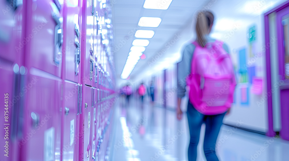 Teenage Girl with Pink Backpack Walking Down School Hallway Past Lockers Back to School Concept Teenage Girl with Pink Backpack Walking Down School Hallway Past Lockers Back to School Concept