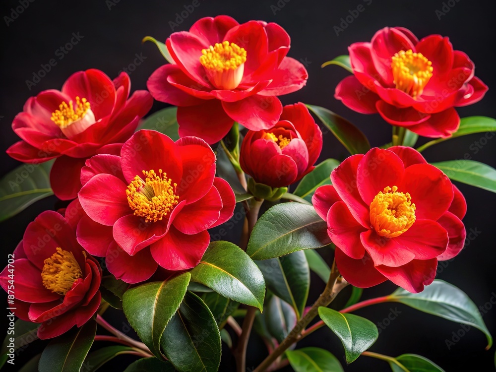 Vibrant red Camellia japonica blooms with delicate petals and golden centers against a dramatic black background, exuding elegance and sophistication in perfect solitude. Vibrant red Camellia japonica blooms with delicate petals and golden centers against a dramatic black background, exuding elegance and sophistication in perfect solitude.