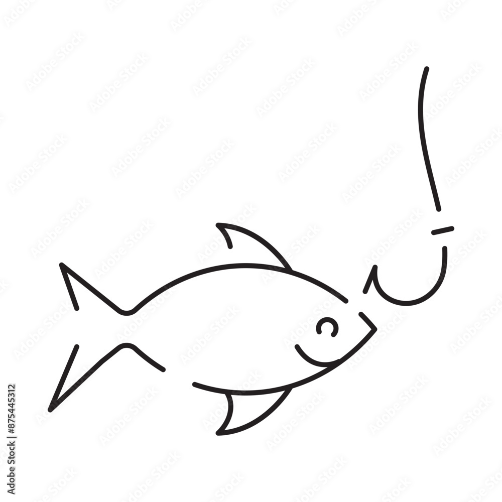 Obraz premium Minimal fishing icon of outdoor recreation including line, lure, lake, boat, dock, hook, pole, reel, worm, tackle box and clothing such as waders and a vest
