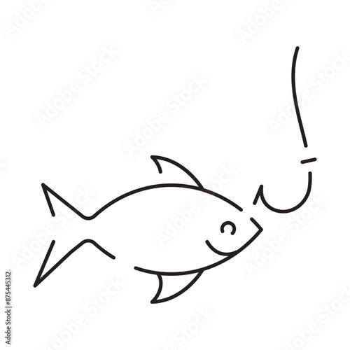 Minimal fishing icon of outdoor recreation including line, lure, lake, boat, dock, hook, pole, reel, worm, tackle box and clothing such as waders and a vest