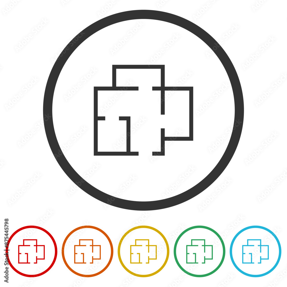 House plan simple flat icon. Set icons in color circle buttons House plan simple flat icon. Set icons in color circle buttons
