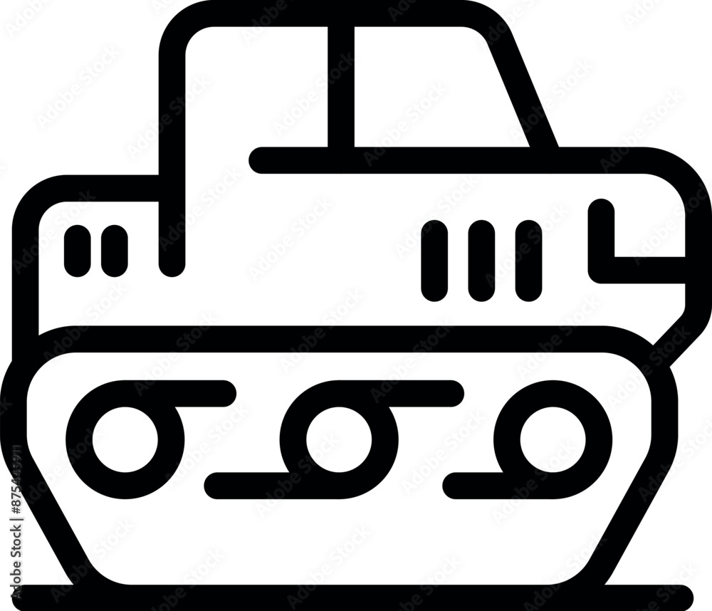 Heavy crawler tractor driving on construction site, simple black and white line icon Heavy crawler tractor driving on construction site, simple black and white line icon