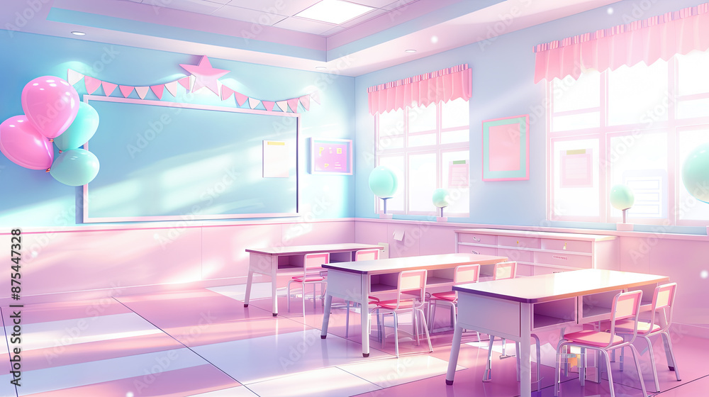 Pastel Pink Themed Empty Classroom Decorated for Back to School Season with Desks, Chalkboard, and Balloons 3D Illustration Render Pastel Pink Themed Empty Classroom Decorated for Back to School Season with Desks, Chalkboard, and Balloons 3D Illustration Render