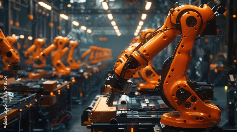 A factory with many robots in orange. Generate AI image A factory with many robots in orange. Generate AI image