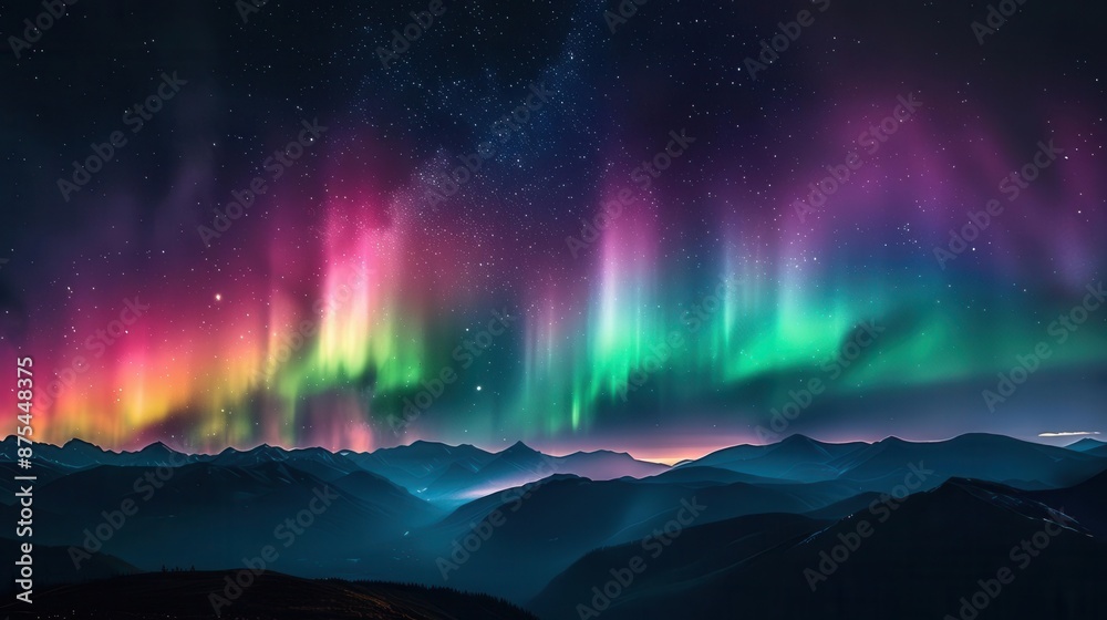 Aurora borealis lighting up the night sky, vibrant greens and pinks, silhouetted mountains below, space for text in the sky area Aurora borealis lighting up the night sky, vibrant greens and pinks, silhouetted mountains below, space for text in the sky area