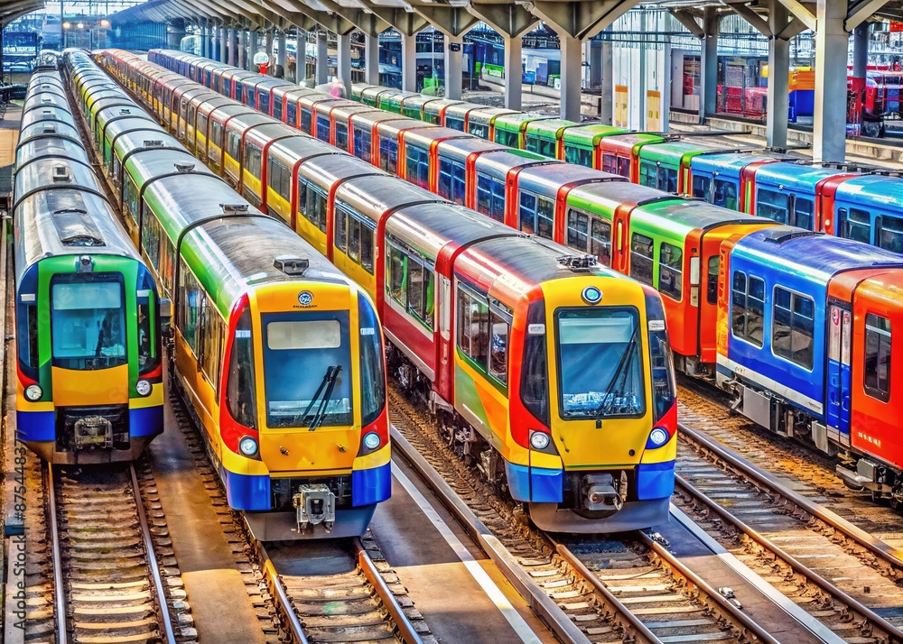 Fototapeta premium Row of colorful regional trains standing side by side on parallel railway tracks, showcasing varying liveries and sleek designs in a busy transport hub.