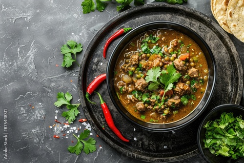 beef minced curry served in black bolw with red chili and coriander leaves on dark grey background