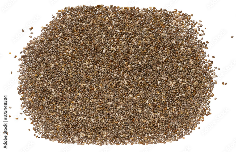 Chia seeds scattered in a heap, isolated background Chia seeds scattered in a heap, isolated background